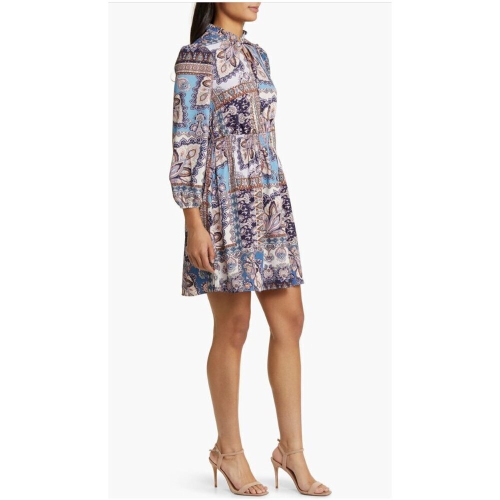 Vince Camuto Womens Blue Multi Paisley High Tie Neck Long Sleeve Dress Sz 10 New - Picture 3 of 12